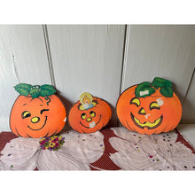 Load image into Gallery viewer, Vintage die cut Halloween Jacko lantern pumpkins flocked set of 3 imperfect

