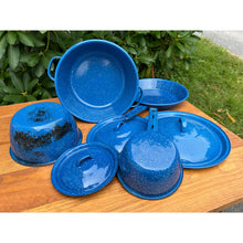 Load image into Gallery viewer, Vintage blue speckled enamelware pots and pans set imperfect
