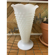 Load image into Gallery viewer, Vintage white hobnail milk glass vase trumpet ruffle top 9-3/8” tall

