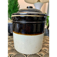 Load image into Gallery viewer, Antique bean pot crock with lid stoneware ceramic 12&quot; two tone
