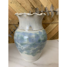 Load image into Gallery viewer, Studio ceramic pottery vase ruffled edge white blue signed 6.5”
