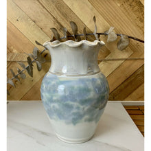 Load image into Gallery viewer, Studio ceramic pottery vase ruffled edge white blue signed 6.5”
