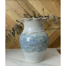 Load image into Gallery viewer, Studio ceramic pottery vase ruffled edge white blue signed 6.5”
