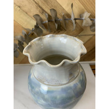 Load image into Gallery viewer, Studio ceramic pottery vase ruffled edge white blue signed 6.5”
