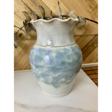 Load image into Gallery viewer, Studio ceramic pottery vase ruffled edge white blue signed 6.5”
