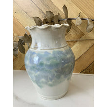 Load image into Gallery viewer, Studio ceramic pottery vase ruffled edge white blue signed 6.5”
