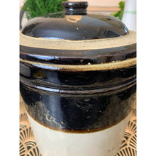 Load image into Gallery viewer, Antique bean pot crock with lid stoneware ceramic 12&quot; two tone
