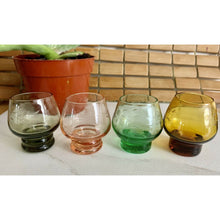 Load image into Gallery viewer, Vintage saki soju shot glasses set of 4 etched colorful 1.75&quot; tall
