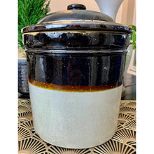 Load image into Gallery viewer, Antique bean pot crock with lid stoneware ceramic 12&quot; two tone
