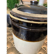 Load image into Gallery viewer, Antique bean pot crock with lid stoneware ceramic 12&quot; two tone
