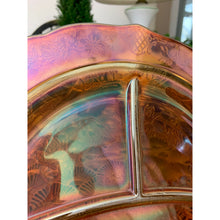 Load image into Gallery viewer, Vintage 1930s orange Vaseline carnival glass divided dinner plate 11” depression era
