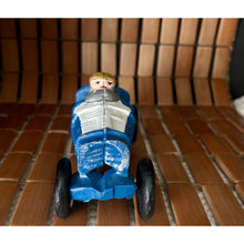 Load image into Gallery viewer, Vintage cast iron toy race car metal painted blue and white with driver
