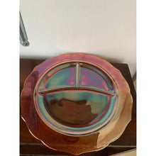 Load image into Gallery viewer, Vintage 1930s orange Vaseline carnival glass divided dinner plate 11” depression era
