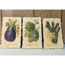 Load image into Gallery viewer, Vintage 70s Homco vegetable wall hanging eggplant asparagus artichoke plaques
