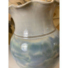 Load image into Gallery viewer, Studio ceramic pottery vase ruffled edge white blue signed 6.5”
