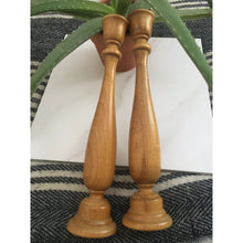 Load image into Gallery viewer, Vintage mcm candlesticks turned wood scroll 11&quot; tapered candle holders
