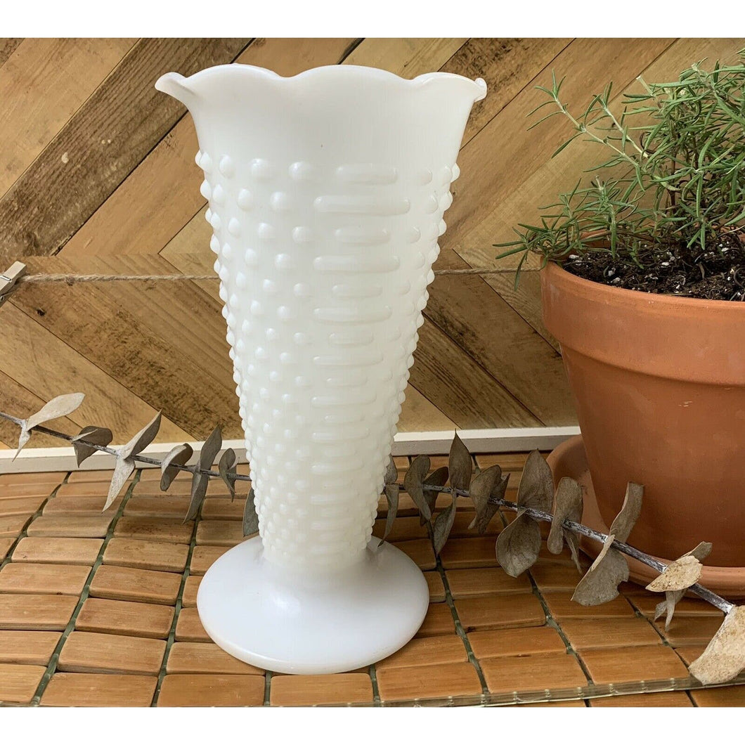 Vintage white hobnail milk glass vase trumpet ruffle top 9-3/8” tall