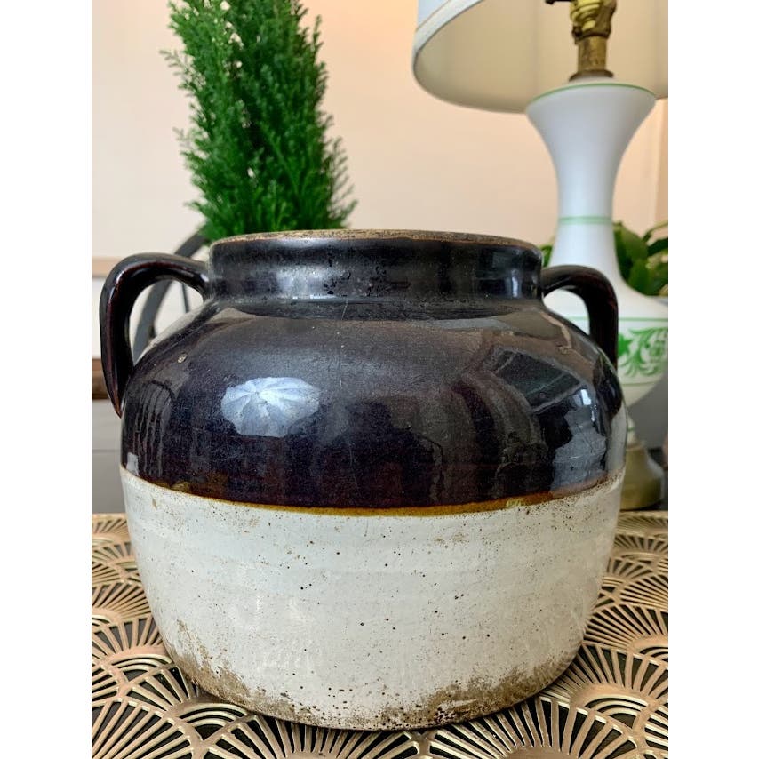 Antique baked bean pot crock with handles stoneware ceramic imperfect