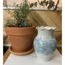 Load image into Gallery viewer, Studio ceramic pottery vase ruffled edge white blue signed 6.5”
