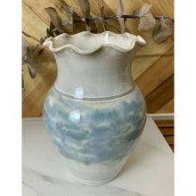 Load image into Gallery viewer, Studio ceramic pottery vase ruffled edge white blue signed 6.5”
