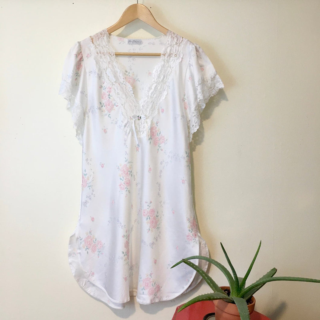 Vintage Miss Elaine nightgown size M/L floral lingerie white satin lace