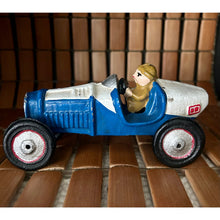 Load image into Gallery viewer, Vintage cast iron toy race car metal painted blue and white with driver
