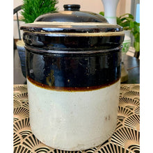 Load image into Gallery viewer, Antique bean pot crock with lid stoneware ceramic 12&quot; two tone
