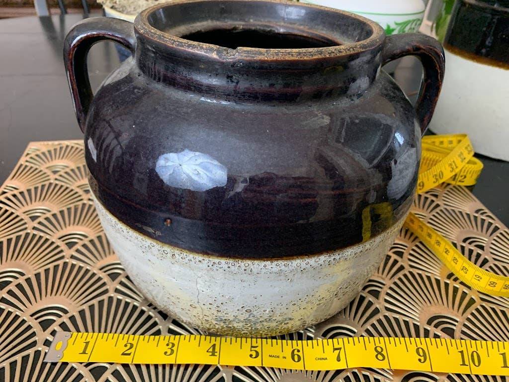 Antique Dark Brown Glazed Stoneware Baked Bean Pot Crock With Lid