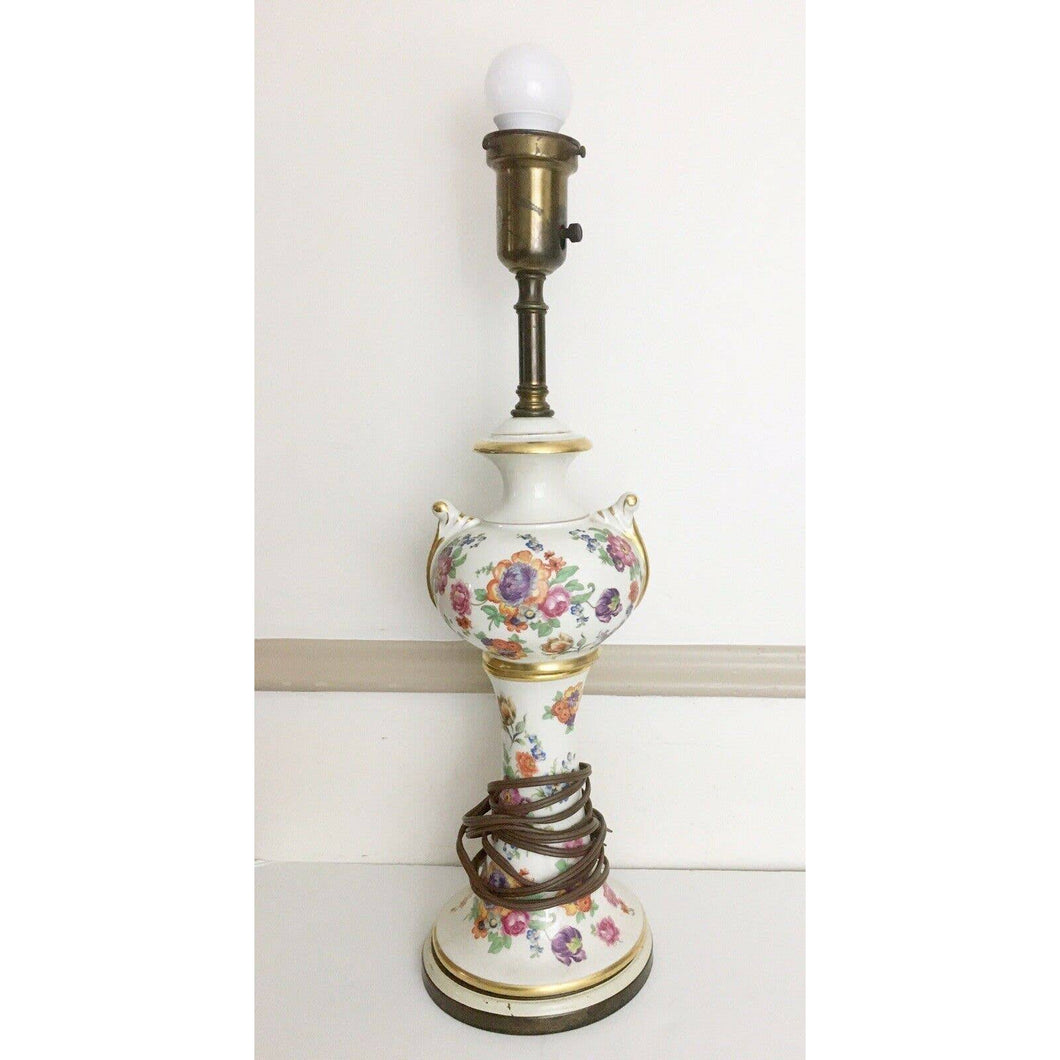 Vintage table lamp floral porcelain gold trim brass fixtures