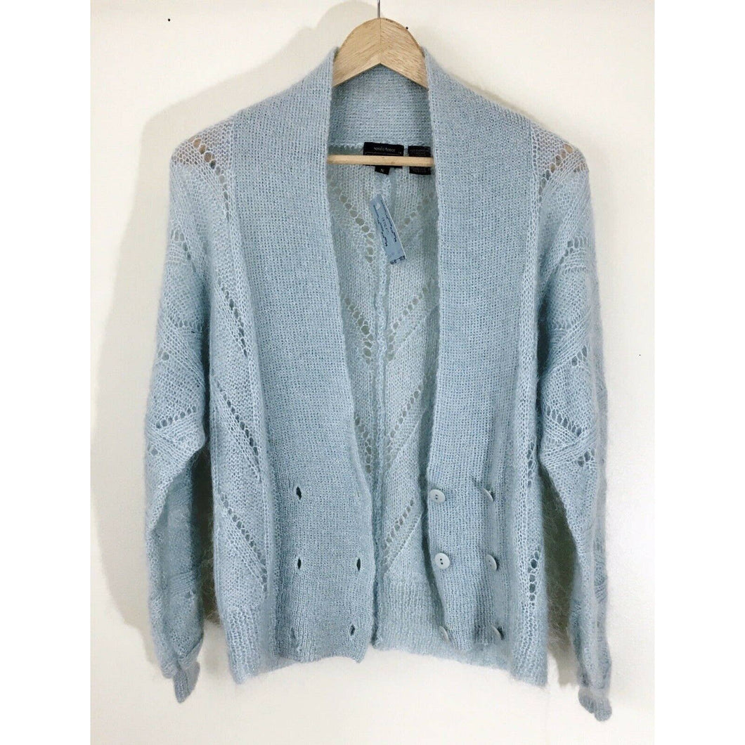 Vintage mohair cardigan sweater size small petite deadstock blue double breasted