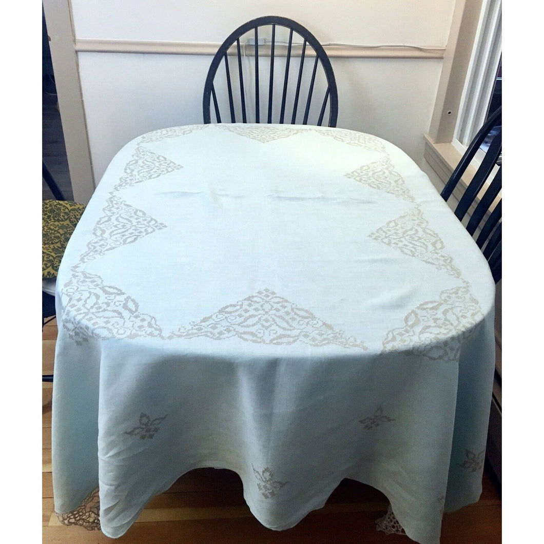 Vintage linen tablecloth light blue embroidered lace corners 80