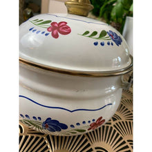 Load image into Gallery viewer, Vintage enamelware metal teapot white painted flowers wood handle
