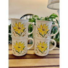 Load image into Gallery viewer, Vintage daisy coffee cups 1970s mugs white yellow daisy flower
