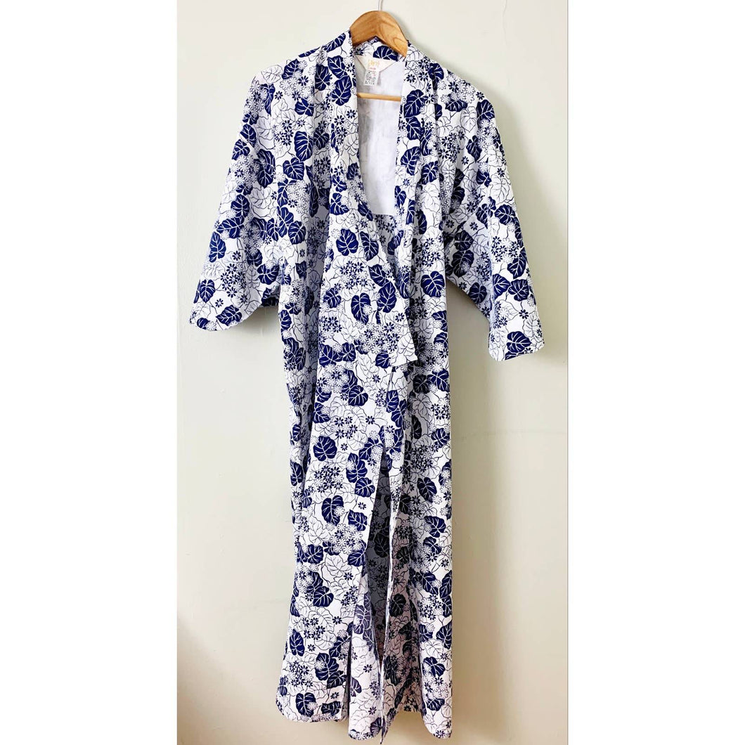 Vintage Kimono printed blue white floral cotton authentic traditional
