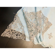 Load image into Gallery viewer, Vintage linen tablecloth light blue embroidered lace corners 80&quot; x 72&quot; rectangle

