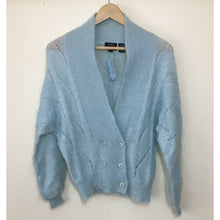 Load image into Gallery viewer, Vintage mohair cardigan sweater size small petite deadstock blue double breasted
