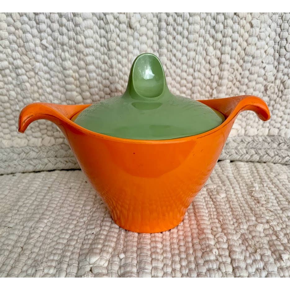 Vintage melamine sugar bowl dish orange green