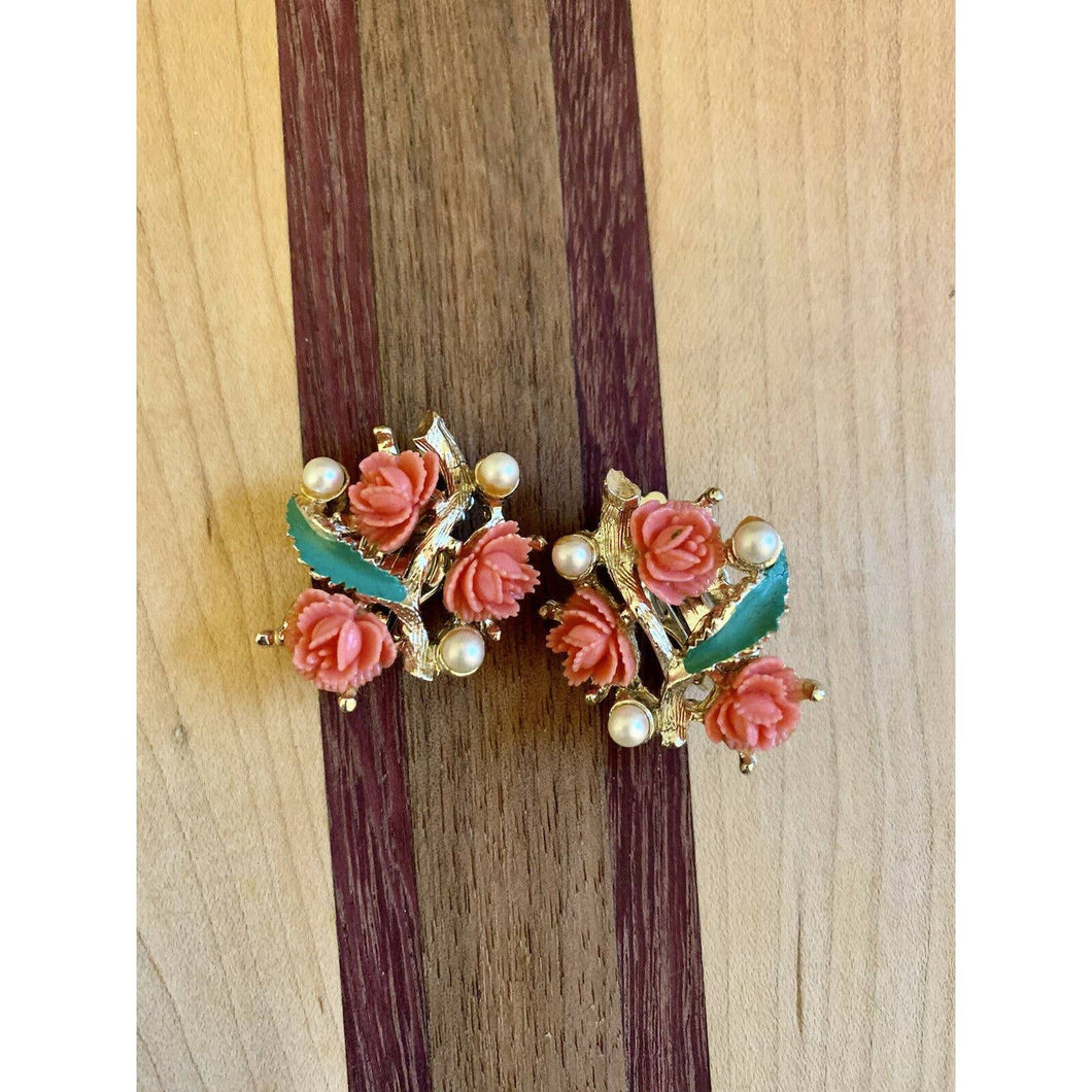 Vintage clip-on earrings coral rose bouquet