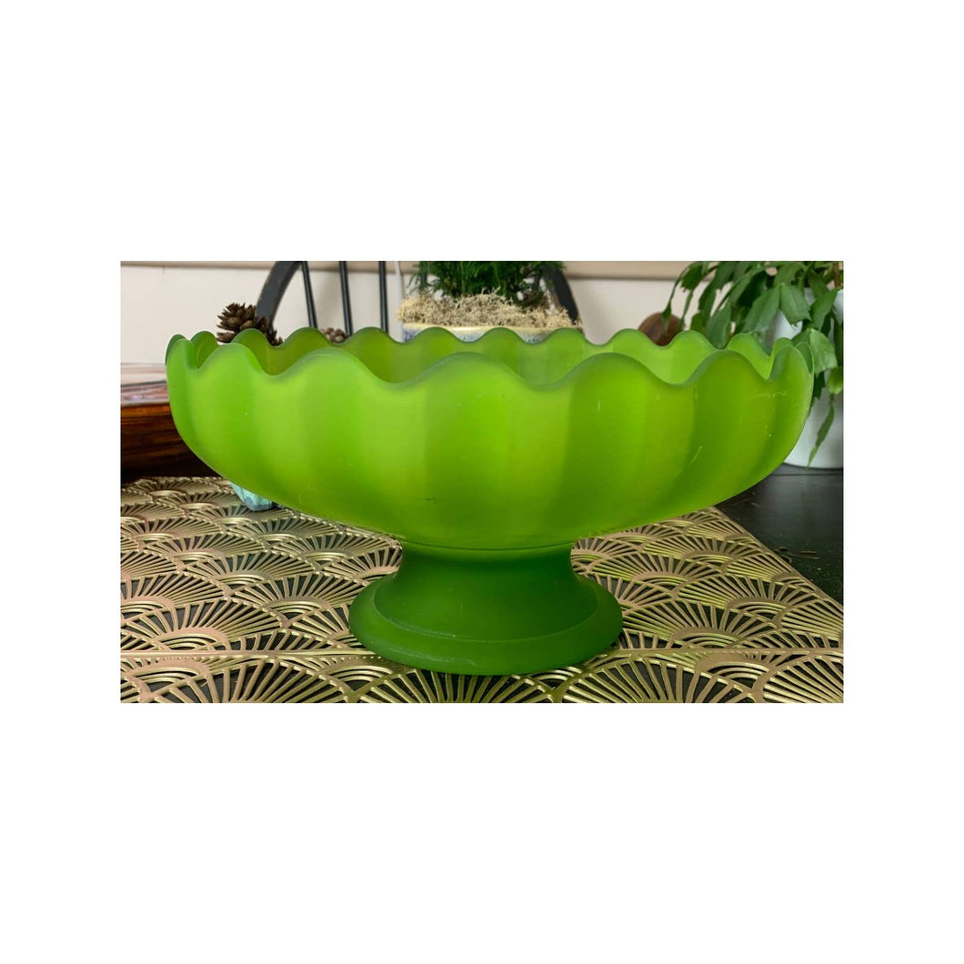 Vintage satin green glass pedestal fruit bowl