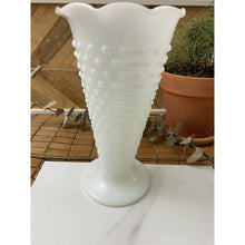 Load image into Gallery viewer, Vintage Hobnail milk glass vase trumpet ruffle top 9-3/8” tall
