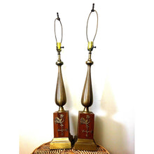 Load image into Gallery viewer, vintage mid century table lamps, wood brass
