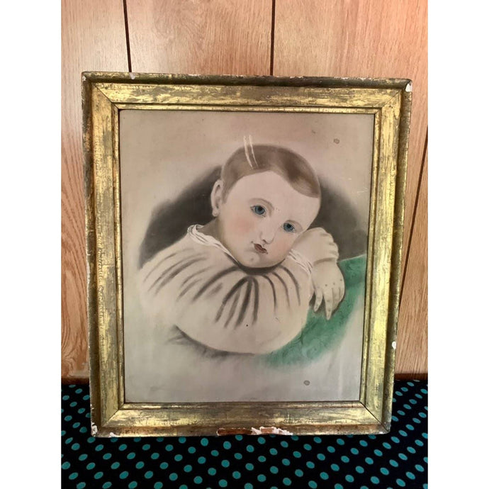 Antique painting figural baby framed portrait