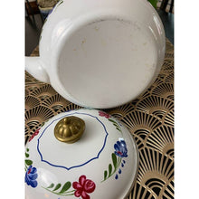 Load image into Gallery viewer, Vintage enamelware metal teapot white painted flowers wood handle
