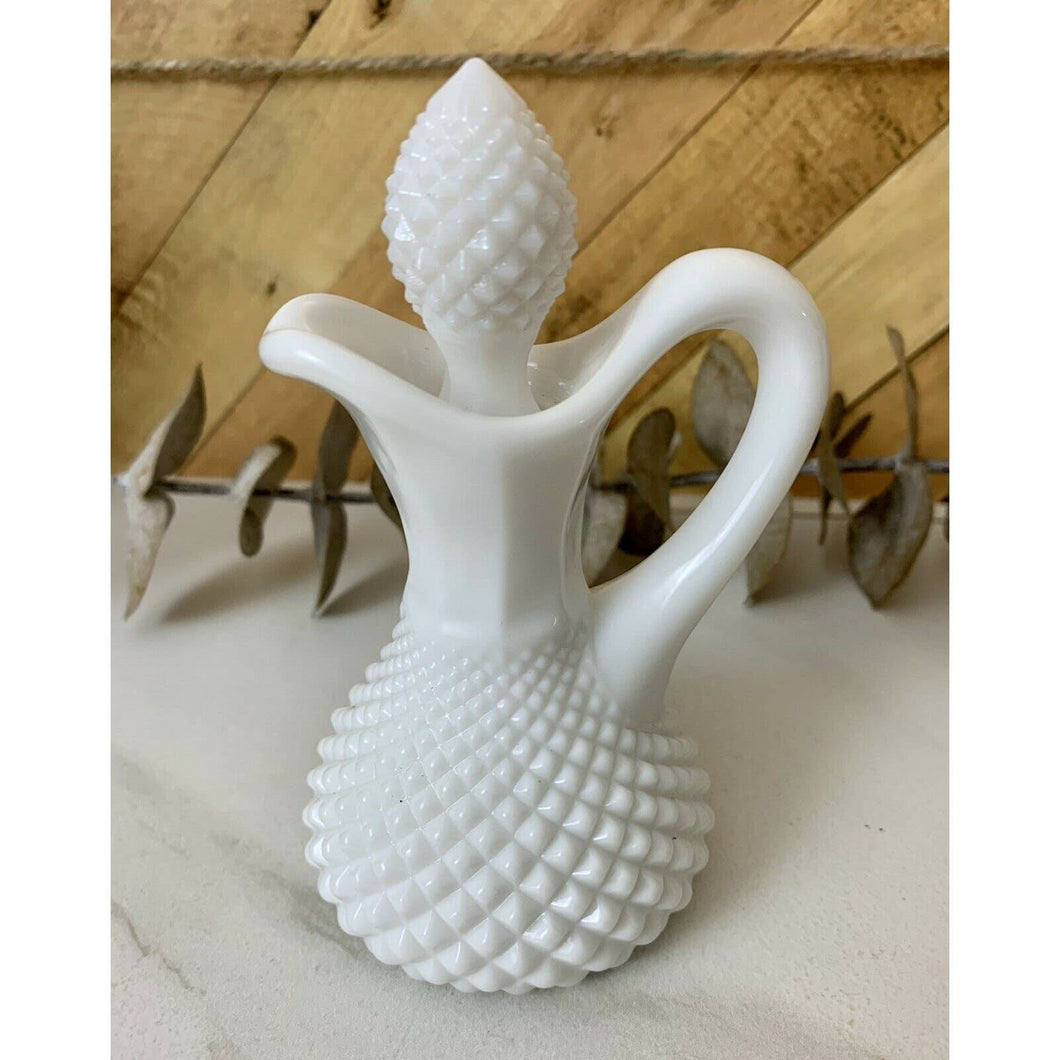 Vintage milk glass diamond point cruet with stopper white hobnail