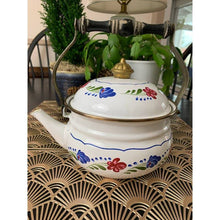 Load image into Gallery viewer, Vintage enamelware metal teapot white painted flowers wood handle
