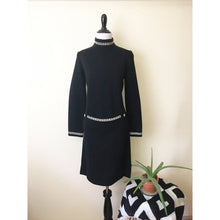 Load image into Gallery viewer, vintage black wool long sleeve mcm mod dress with rhinestones
