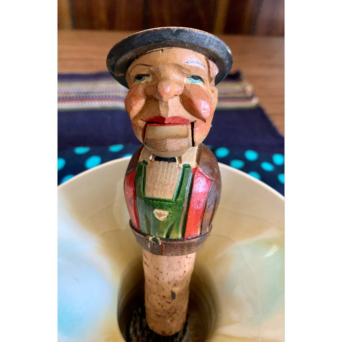 Vintage black forest carved wood bottle stopper old man with puppet mouth