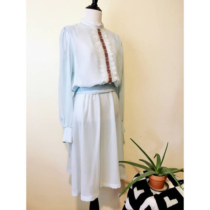 Vintage Prairie Dress Sz 10 Semi Sheer Elastic Waist Blue Chiffon Long Sleeve