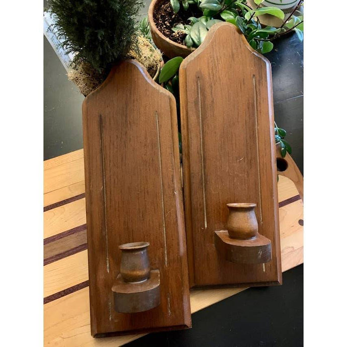 Vintage wooden sconce tapered candle holders mcm