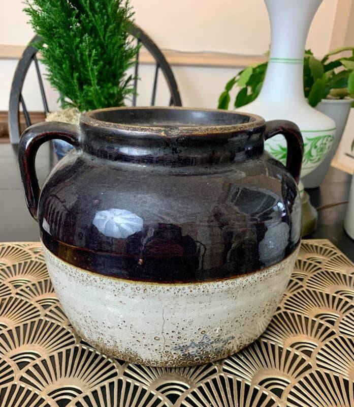 Antique Dark Brown Glazed Stoneware Baked Bean Pot Crock With Lid